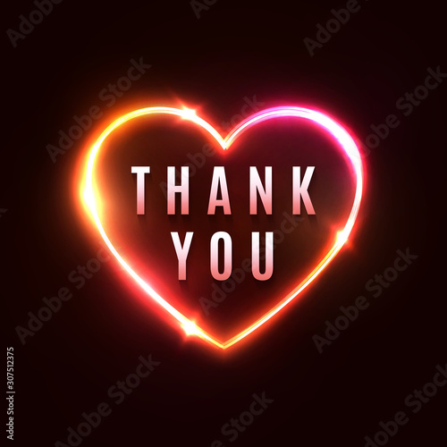 Thank you background. 3d realistic heart shape neon light sign and glowing thankful letters star sparkle. Shining frame on dark red background. Night banner card decoration design vector illustration.