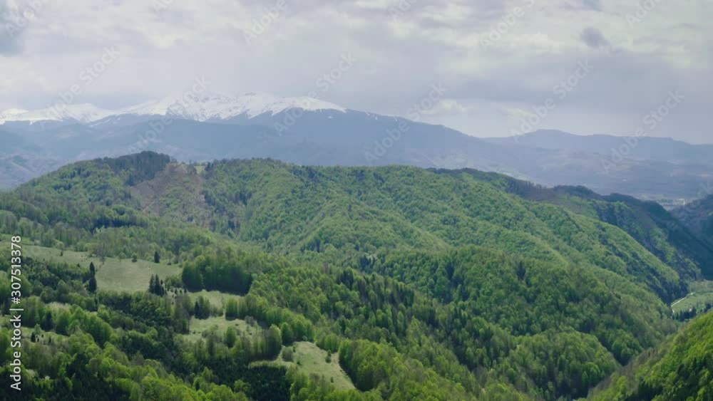 Flying above beautiful forest with small river and alpine pastures from Transylvania – Romania.