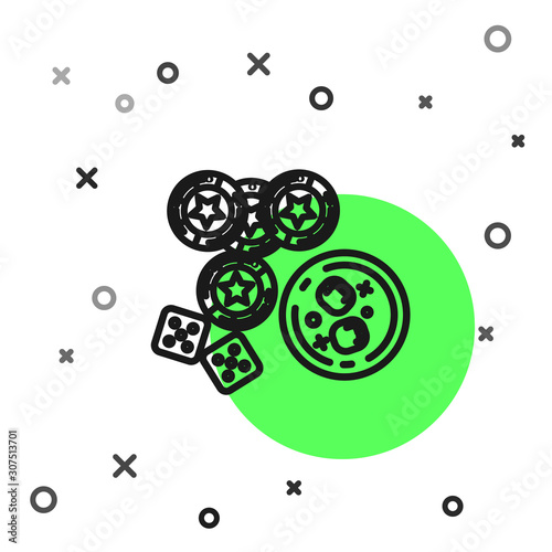 Black line Casino chips, game dice and glass of whiskey with ice cubes icon isolated on white background. Casino poker. Vector Illustration