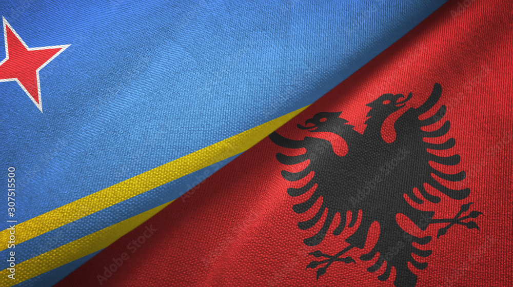 Aruba and Albania two flags textile cloth, fabric texture Aruba and Albania two flags textile cloth, fabric texture