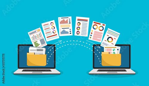 File transfer. Two laptops with folders on screen and transferred documents. Copy files, data exchange, backup, PC migration, file sharing concepts. Flat design graphic elements. Vector illustration