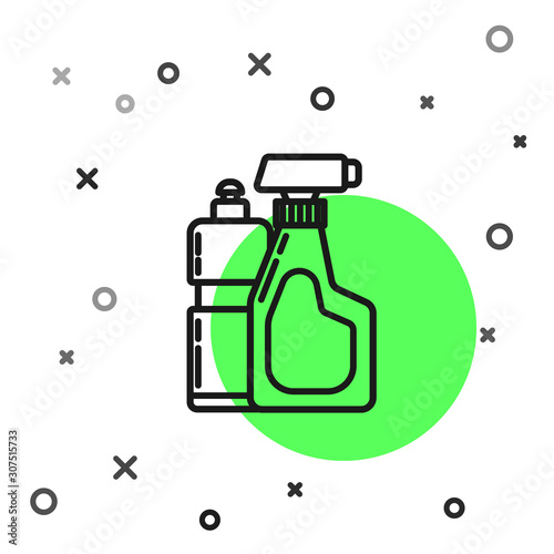 Black line Plastic bottles for liquid laundry detergent, bleach, dishwashing liquid or another cleaning agent icon isolated on white background. Vector Illustration