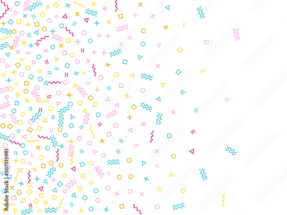 Memphis style geometric confetti vector background with triangle, circle, square shapes, zigzag and wavy line ribbons. Memphis style geometric confetti vector background with triangle, circle, square shapes, zigzag and wavy line ribbons.