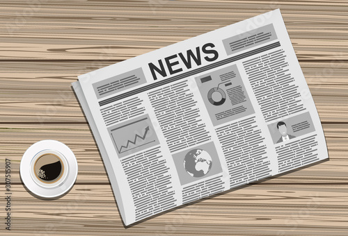 Newspapers with a cup of coffee on wood background. Flat design style