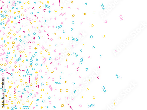 Fototapeta Naklejka Na Ścianę i Meble -  Memphis style geometric confetti vector background with triangle, circle, square shapes, zigzag and wavy line ribbons.