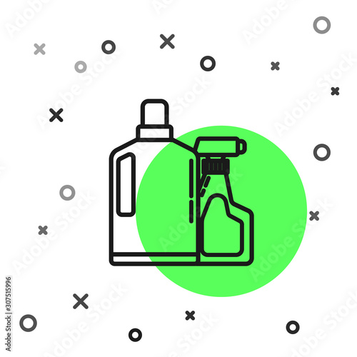 Black line Plastic bottles for liquid laundry detergent, bleach, dishwashing liquid or another cleaning agent icon isolated on white background. Vector Illustration