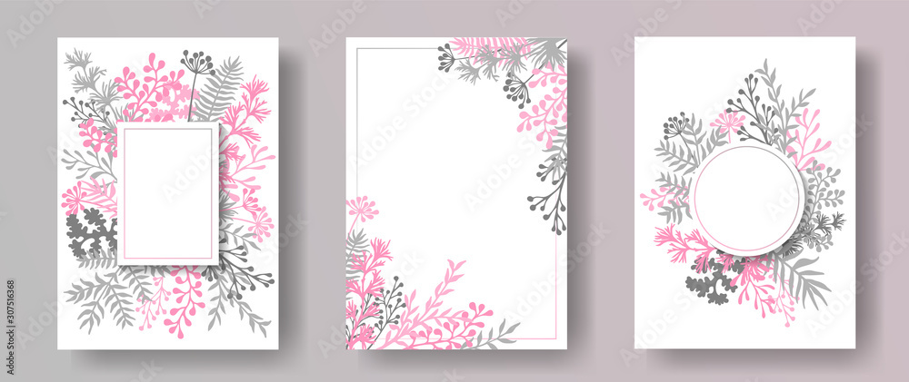 Wild herb twigs, tree branches, leaves floral invitation cards templates. Herbal corners romantic cards design with dandelion flowers, fern, mistletoe, olive branches, sage twigs.