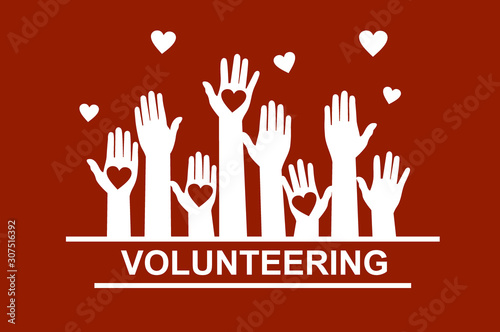 Hands with hearts. Raised hands volunteering vector concept