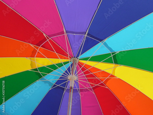 colorful beach umbrella, closeup of underside