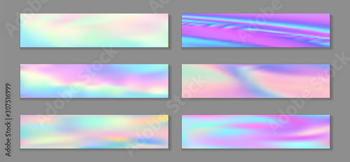 Hologram cool flyer horizontal fluid gradient mermaid backgrounds vector set. Foil neon holo 
