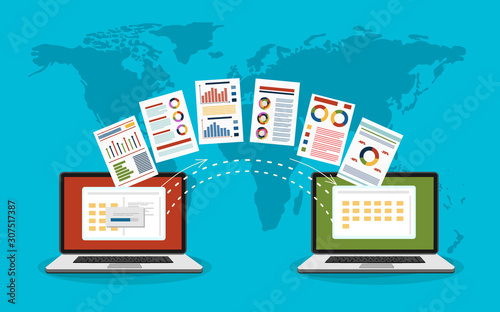 File transfer. Two laptops with folders on screen and transferred documents. Copy files, data exchange, backup, PC migration, file sharing concepts. Flat design graphic elements. Vector illustration