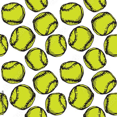Vector pattern illustration cartoon style of tennis ball drawn in green and black ink