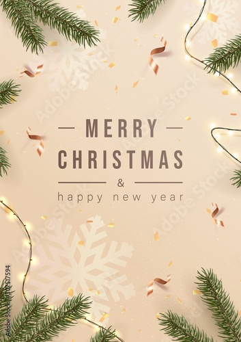Merry Christmas greeting card or poster with Chrirstmas decor fir twigs and confetti, vector illustration.