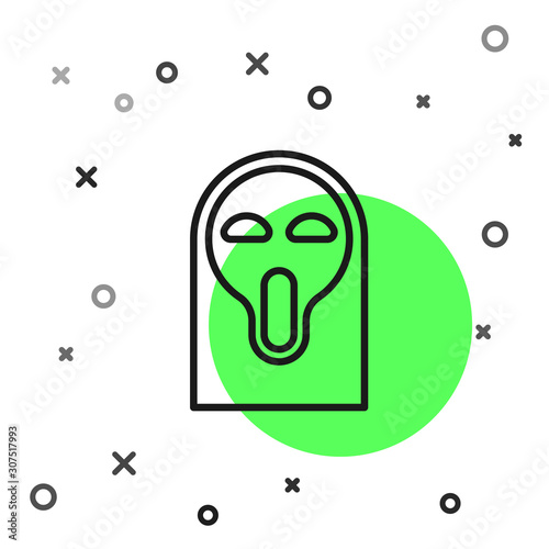 Black line Funny and scary ghost mask for Halloween icon isolated on white background. Happy Halloween party. Vector Illustration