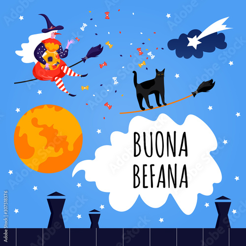 Set icons for Buona Befana card. Italian Christmas holiday. Cute witch and cat for Happy Epiphany day.