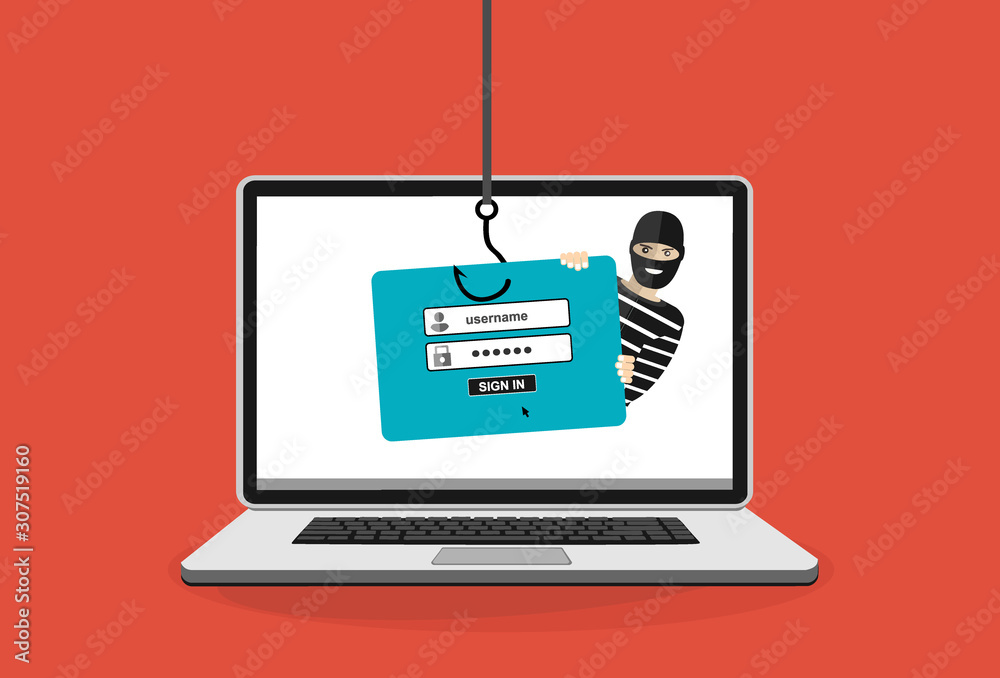 Thief hacker in mask stealing passwords from laptop. anti phishing and internet viruses concept. Cartoon Vector Illustration. Thief hacker in mask stealing passwords from laptop. anti phishing and internet viruses concept. Cartoon Vector Illustration.
