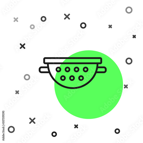 Black line Kitchen colander icon isolated on white background. Cooking utensil. Cutlery sign. Vector Illustration