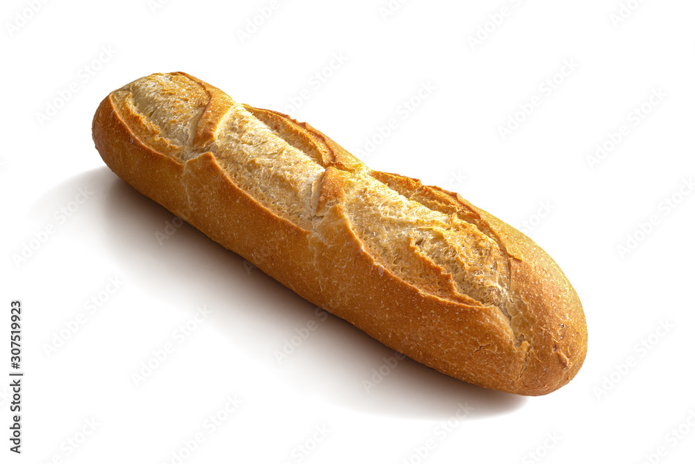 French mini baguette with crispy crust on white background