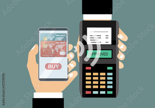 Hand with smartphone near POS terminal. Wireless, contactless or cashless payments, rfid nfc. Vector illustration in flat style