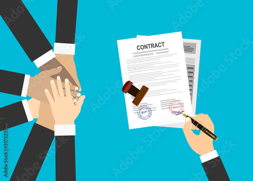 People showing unity with their hands together. Crossed hands and agreement paper. Business team work cooperation and partnership. Vector illustration flat style.