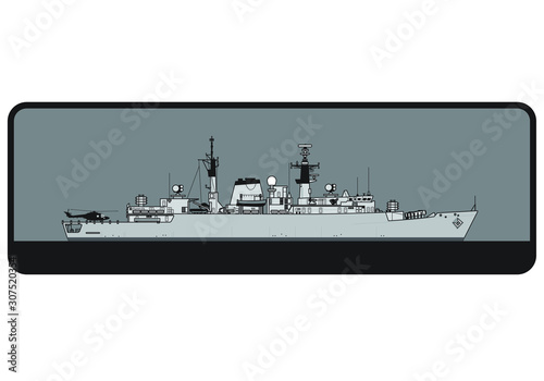 Royal Navy. Type 22 Batch I Broadsword-class frigate. Side view. Vector template for illustration. 