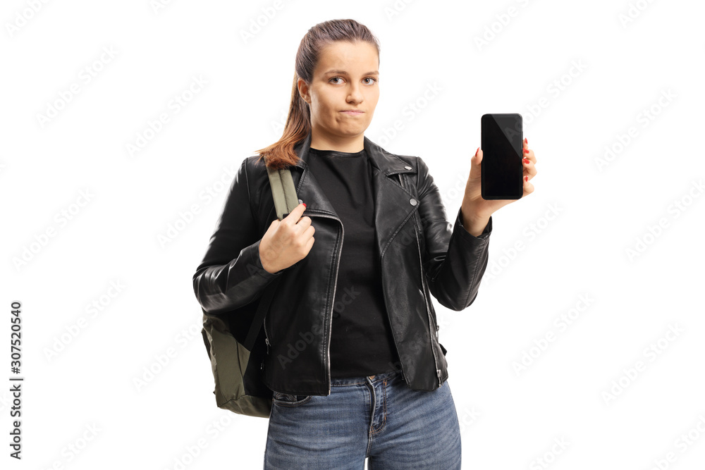 Disappointed female student showing a mobile phone Disappointed female student showing a mobile phone