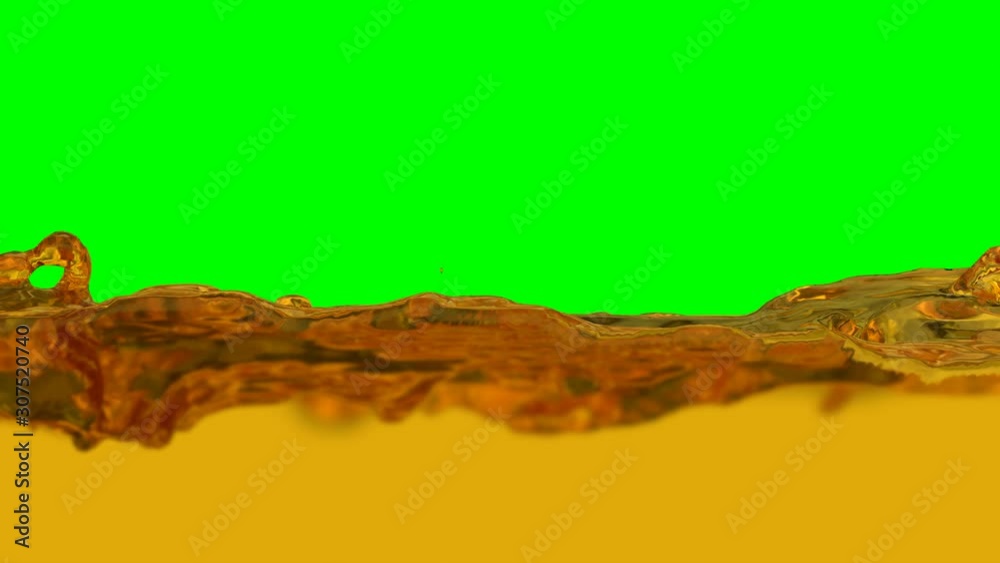 Animated close up of a lot of realistic apple juice flowing and splashing from left to right against green background, easy to loop.