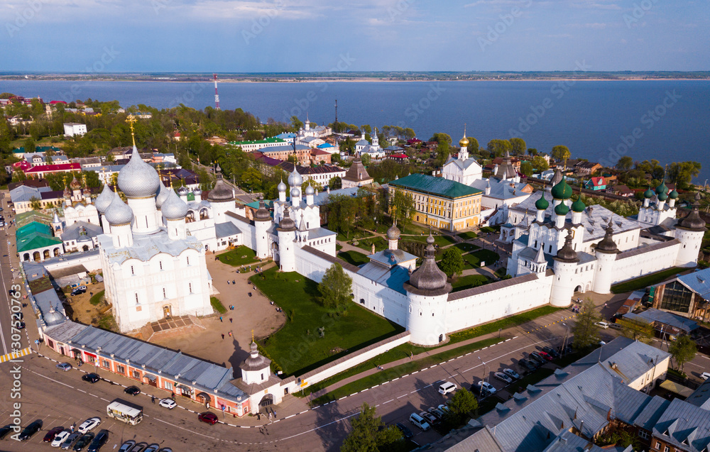 Aerial view of  city of Rostov with monastery