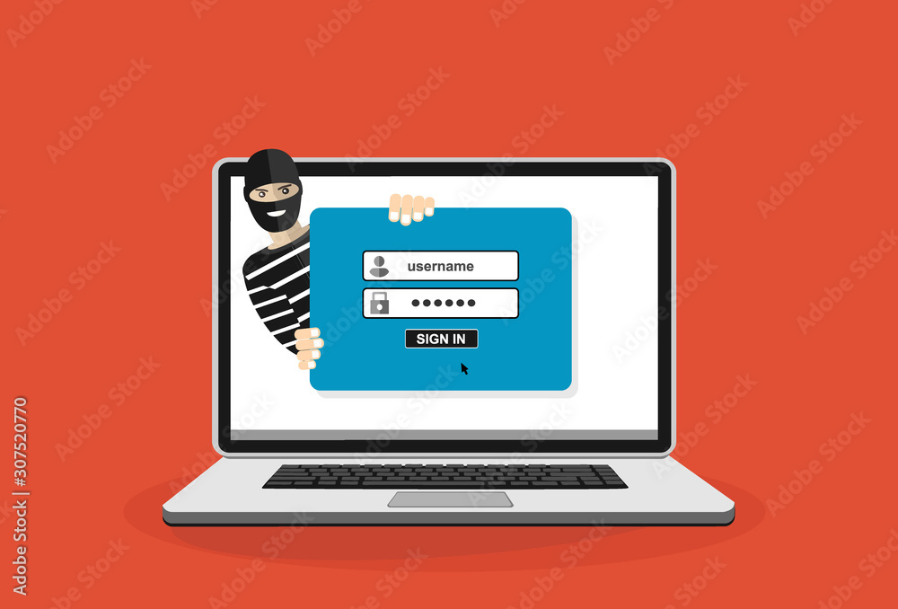 Thief hacker in mask stealing passwords from laptop. anti phishing and internet viruses concept. Cartoon Vector Illustration. Thief hacker in mask stealing passwords from laptop. anti phishing and internet viruses concept. Cartoon Vector Illustration.