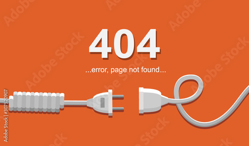 Electrical outlet and plug unplugged. 404 error, page not found, connection error or time out. Vector illustration in flat design.