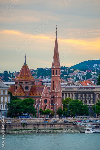 Budapest evening cityscape  Hungary. Buda Calvinist Church.