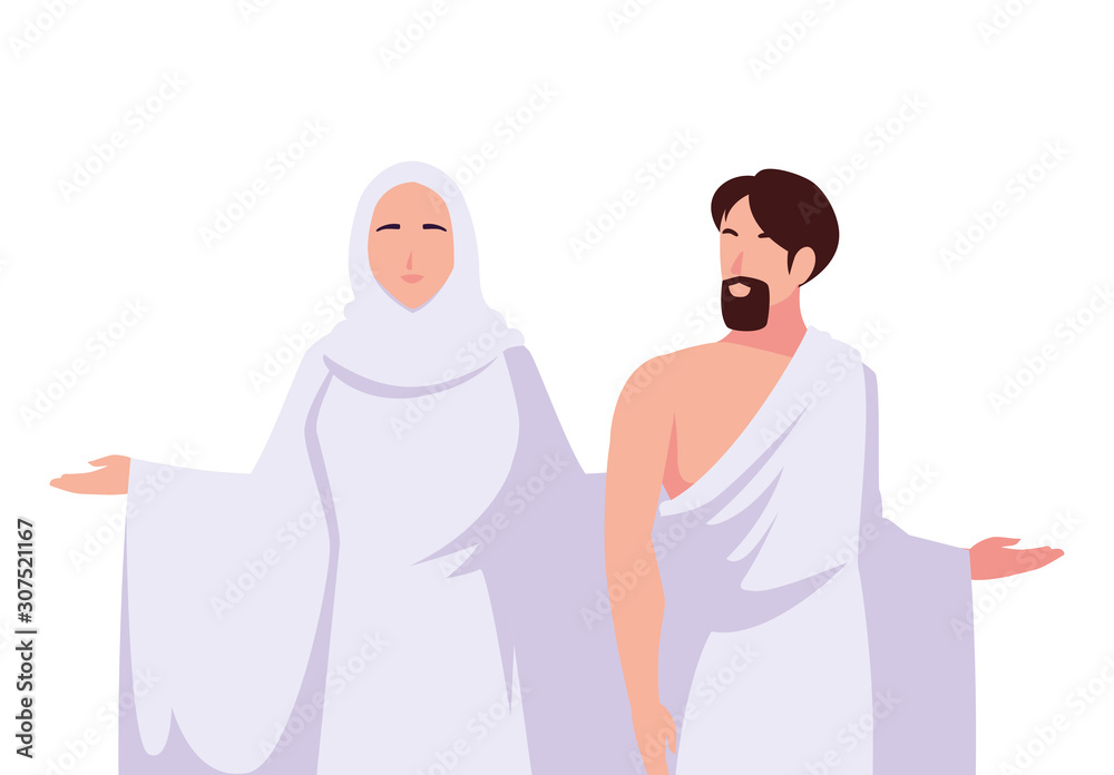 couple of people pilgrims hajj on white background couple of people pilgrims hajj on white background