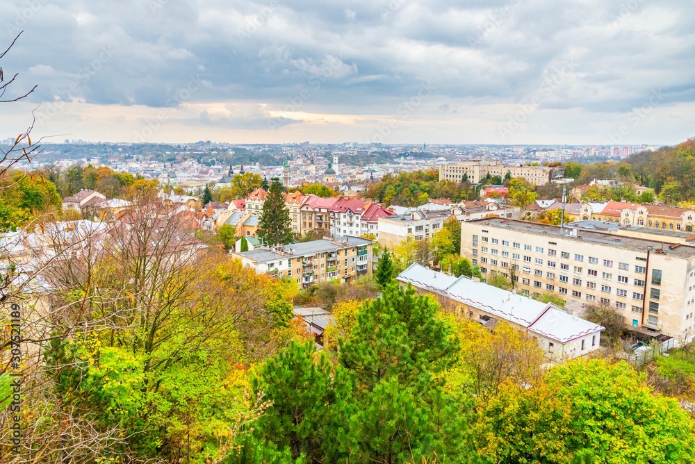 View of the city from hill, Lviv, Ukraine. Lysa hora. 