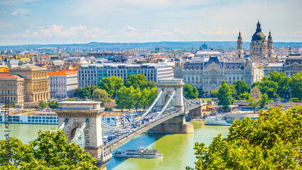 Budapest cityscape at Danube river. Chain bridge, St. Stephen's Basilica.