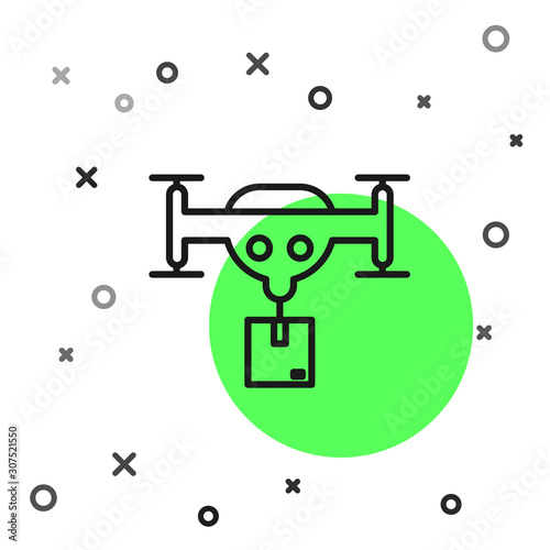 Black line Delivery drone with the package icon isolated on white background. Drone delivering cardboard box. Vector Illustration