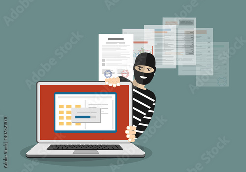 Data phishing, hacker attack. Thief hacker in mask stealing personal information from laptop. Useful for anti phishing and internet viruses campaigns. Concept hacking . Vector Illustration.