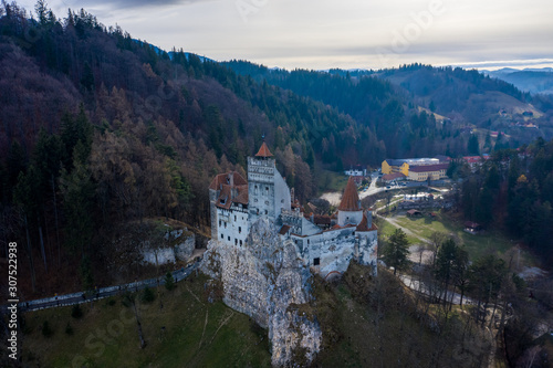 Bran castle in Romania aerial view