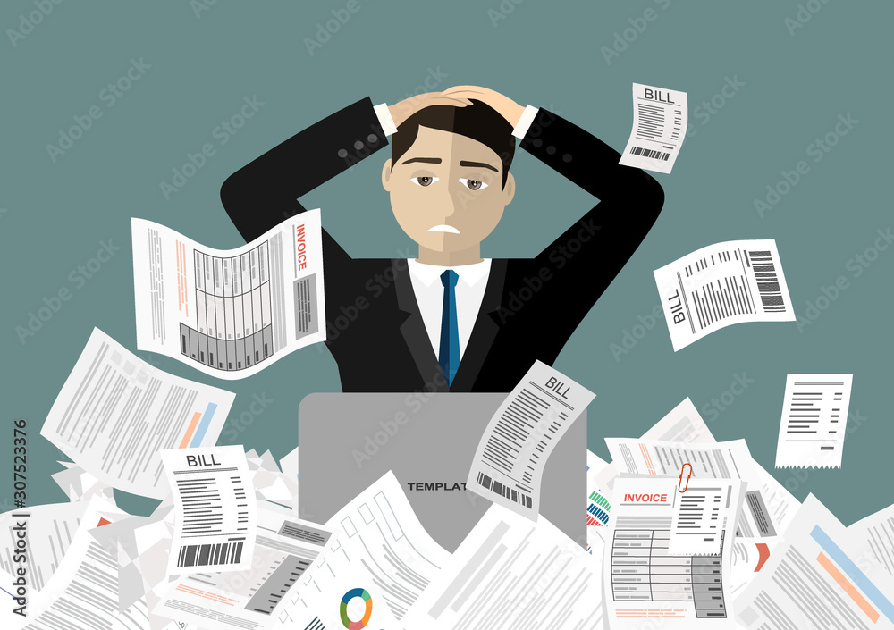 Stress at work concept flat illustration. Business woman needs help under a lot of documents in office. Flat design style. Stress at work concept flat illustration. Business woman needs help under a lot of documents in office. Flat design style.
