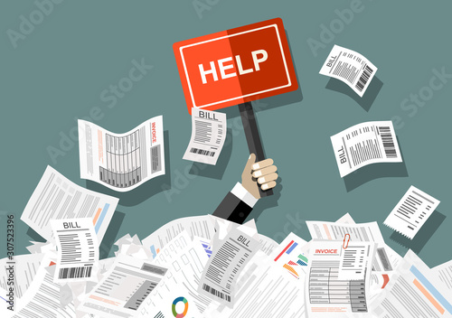 Businessman needs help under a lot of bills, in the office and requests for help. Can not pay bills, having financial troubles. Planning budget concep. Flat vector illustration.