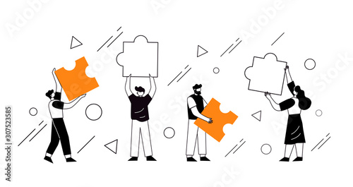 The concept of joint teamwork, building a business team. Vector illustration of working characters, people connecting pieces of puzzles.