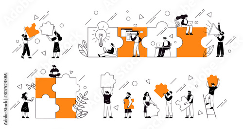 The concept of joint teamwork, building a business team. Vector illustration of working characters, people connecting pieces of puzzles.