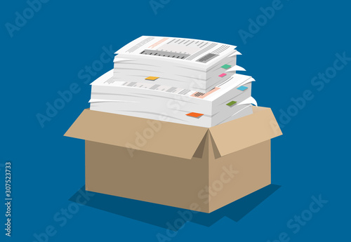 Stack of papers on blue background. Vector illustration in flat style