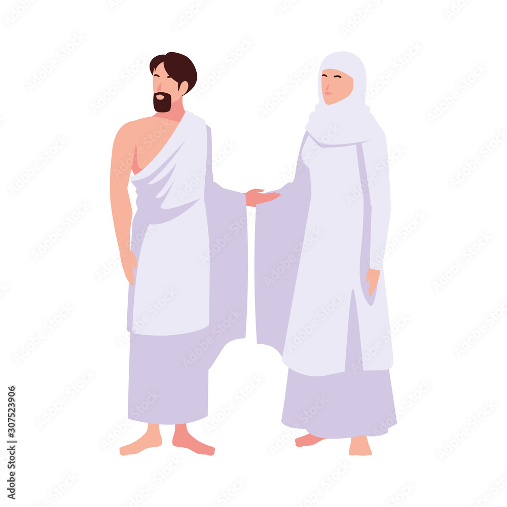 couple of people pilgrims hajj standing on white background couple of people pilgrims hajj standing on white background