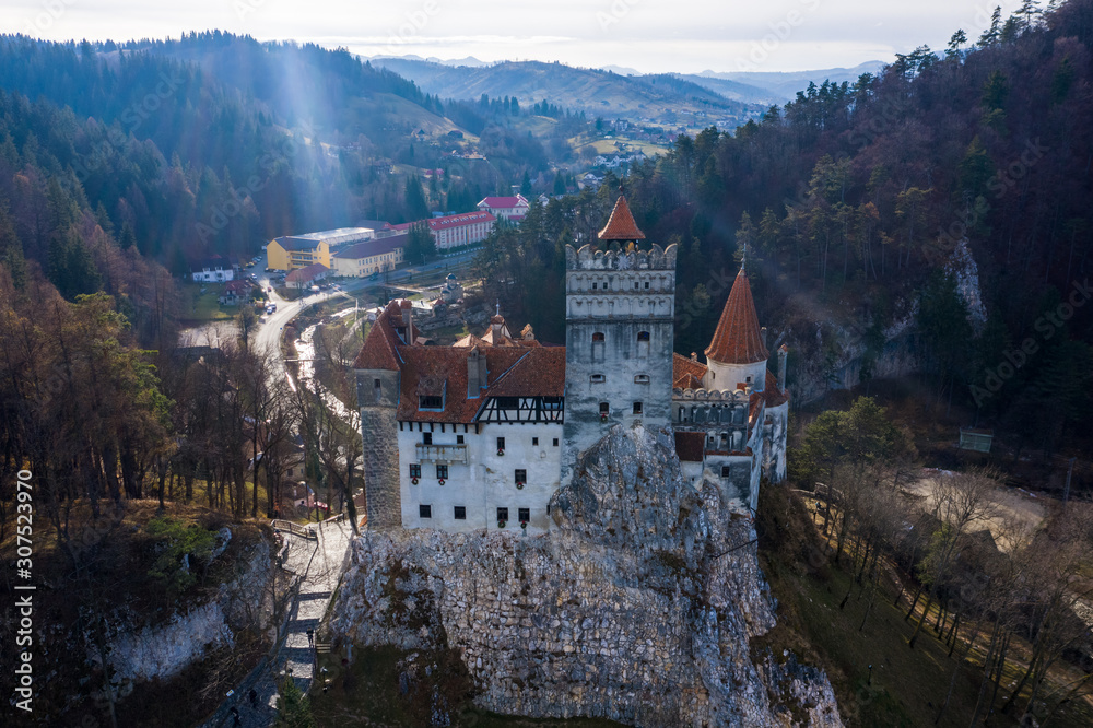 Bran castle in Romania aerial view