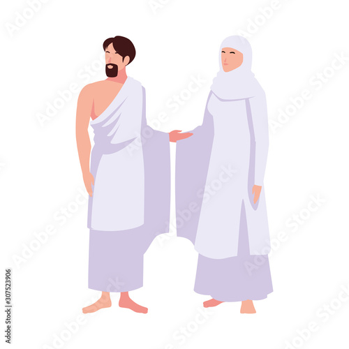 couple of people pilgrims hajj standing on white background