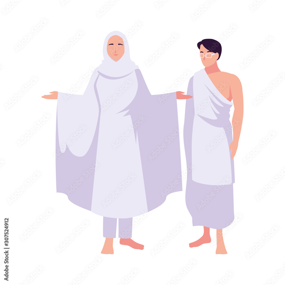 couple of people pilgrims hajj standing on white background couple of people pilgrims hajj standing on white background