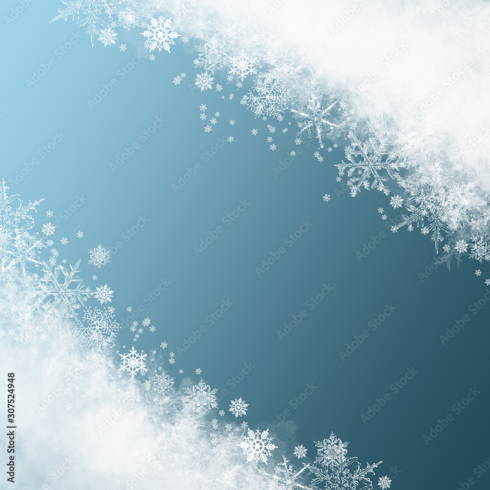 Fototapeta premium Snow background blue. Christmas snowfall with defocused flakes. Winter concept with falling snow. Holiday texture and white elements.