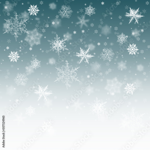 Snow background blue. Christmas snowfall with defocused flakes. Winter concept with falling snow. Holiday texture and white elements.