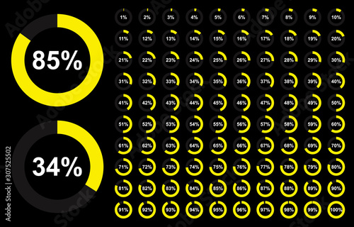 Pie chart full set, ring percentage diagram collection, loading circle icon, yellow isolated on black background, vector illustration.
