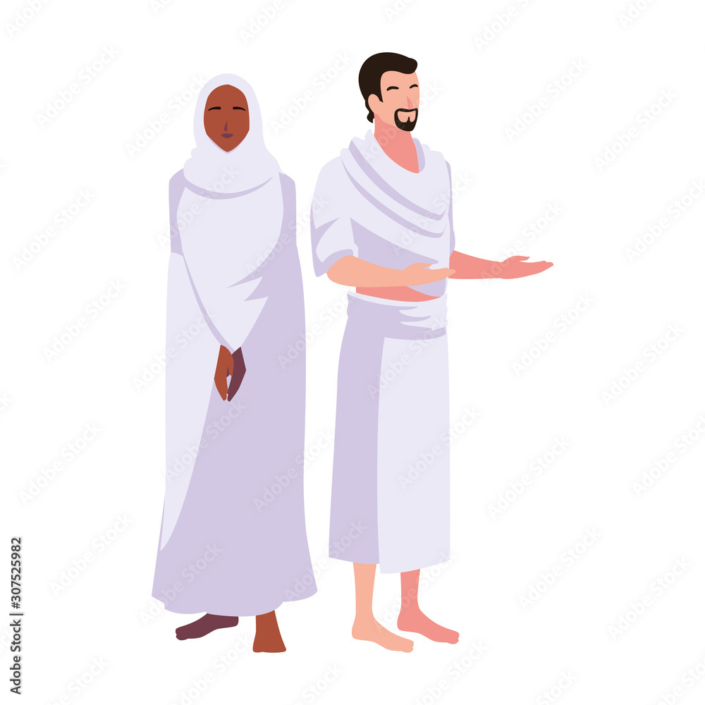 couple of people pilgrims hajj standing on white background